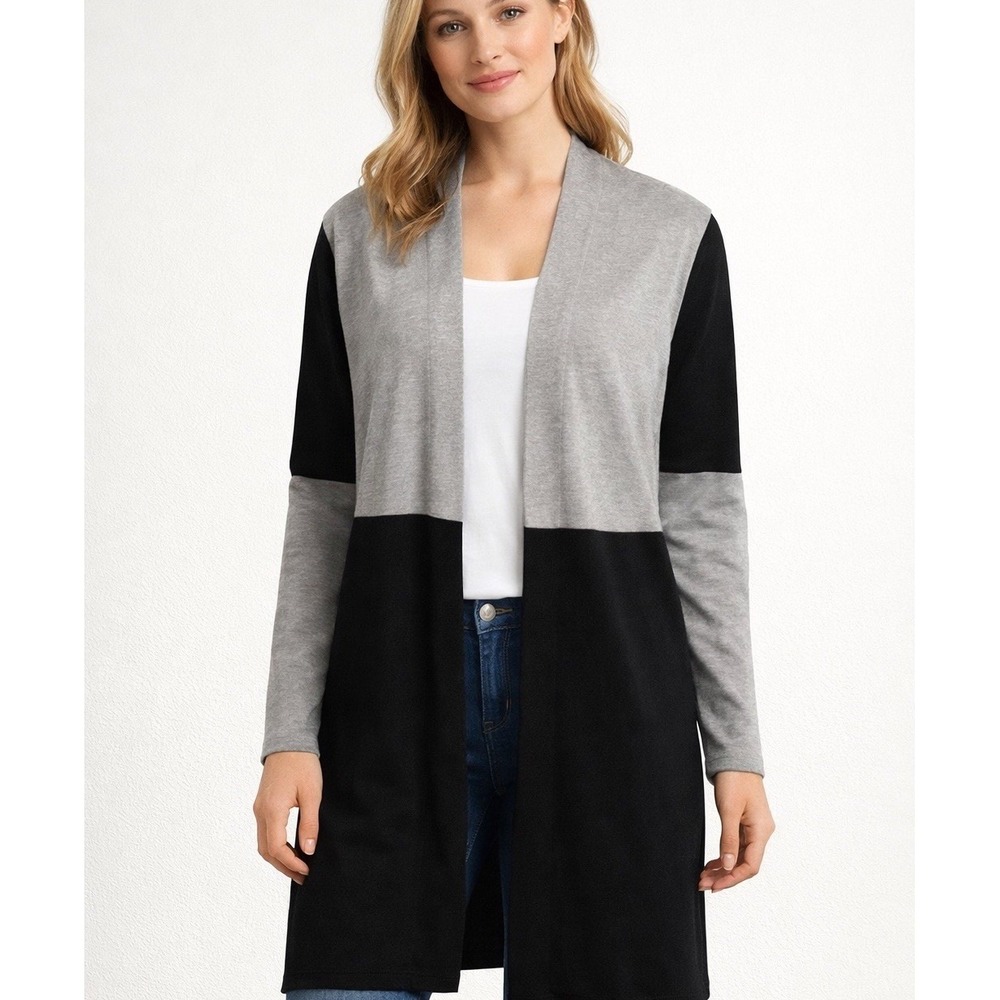 Vila Milano Open Front Cardigan Women L Black Taupe Color Block Stretch New